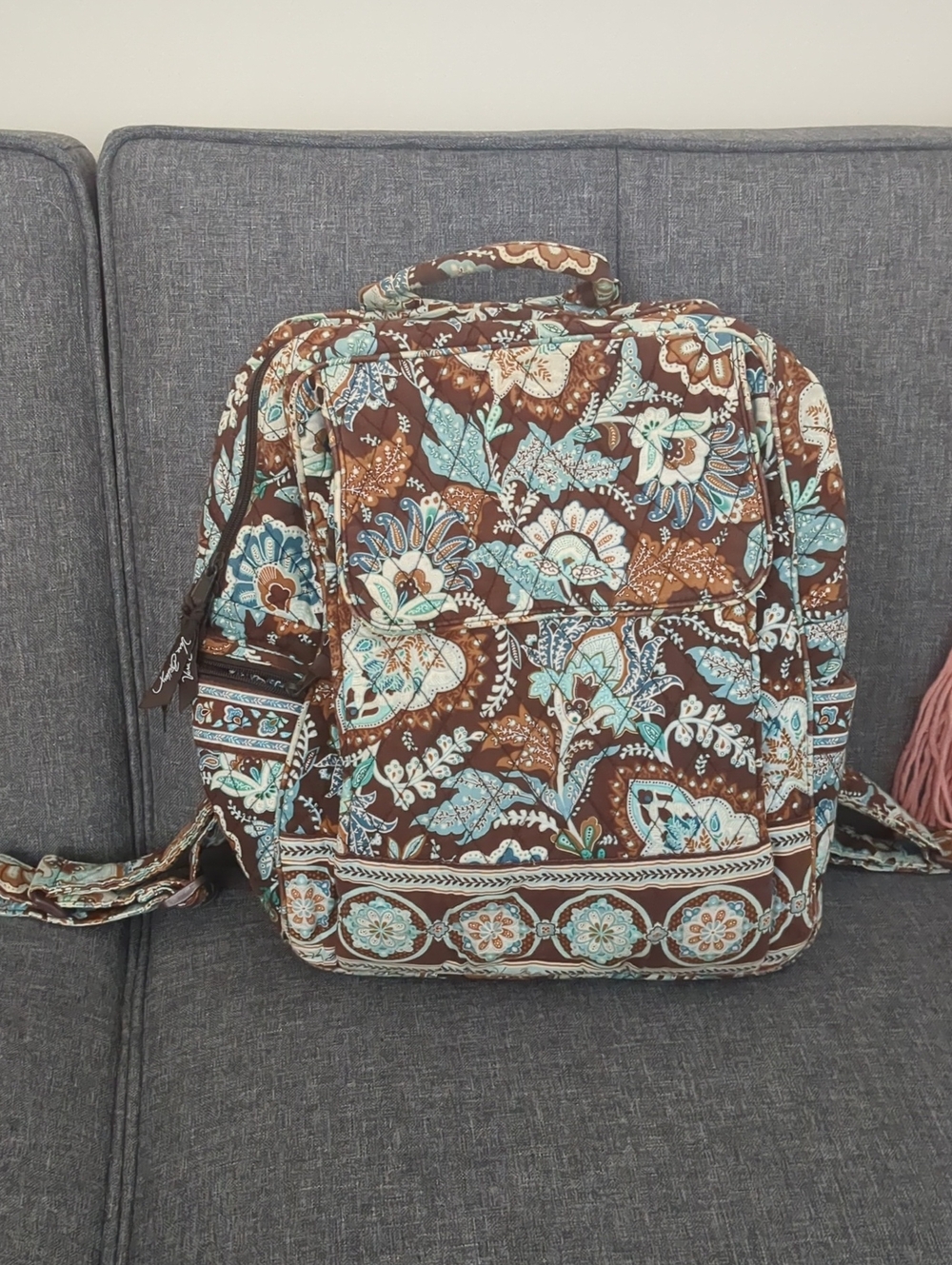 Floral Quilted Convertible Backpack - Brown & Teal